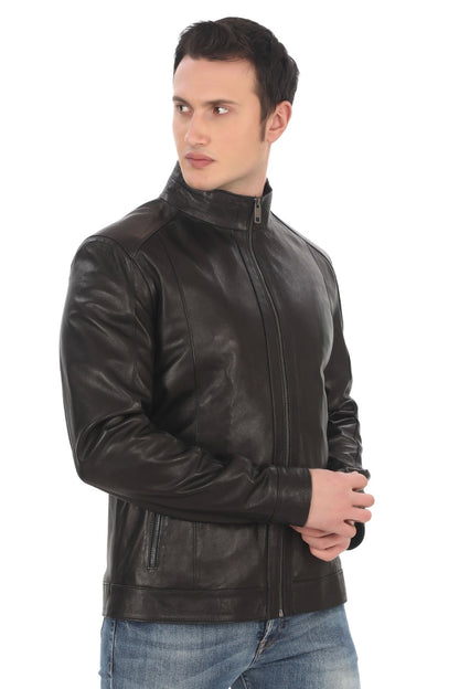 Men's Genuine Lambskin Coat Slim Fit Black Biker Jacket Zipper Stand Collar Leather Outerwear