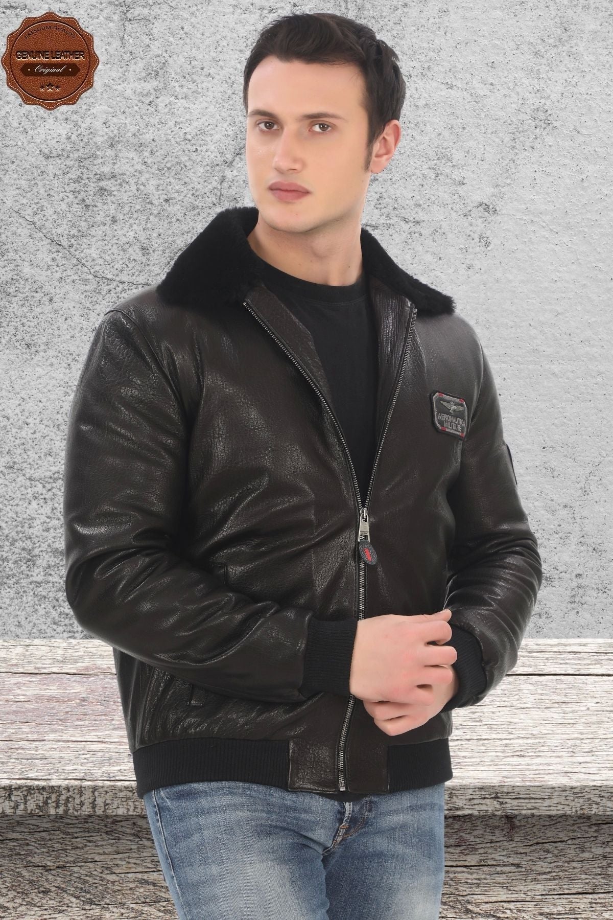 Men's Genuine Lambskin Bomber Jacket Black Zippered Fur Collar Coat Winter Leather Pilot Outerwear