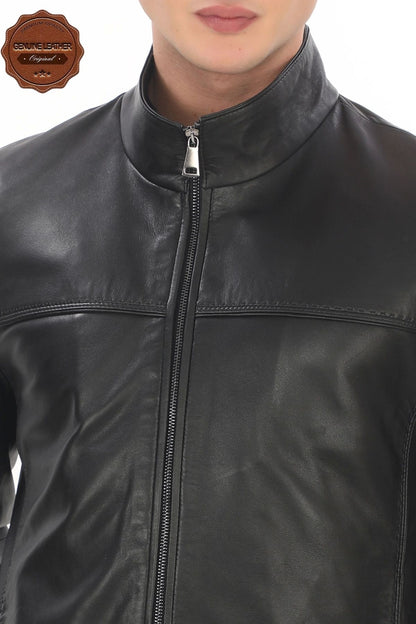 Men's Stand Collar Genuine Lambskin Jacket Black Zippered Stylish Leather Coat for Daily and Business Use