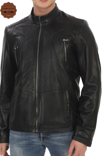 Men's Genuine Leather Jacket Black Lambskin Leather Jacket Zipper Pocket Handmade Biker Style Slim Fit