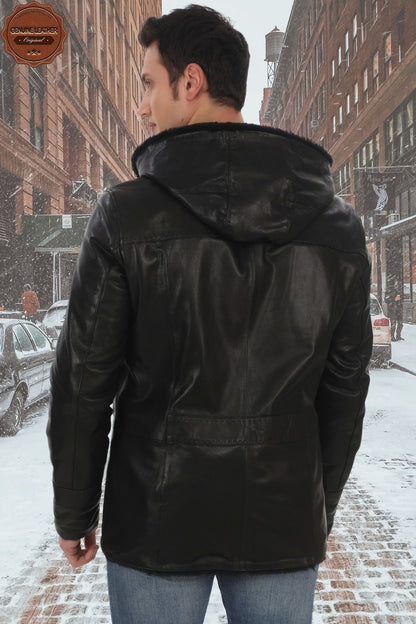 Men's Genuine Lambskin Winter Coat, Fur and Hooded Black Leather Jacket, Suitable for Cold Weather