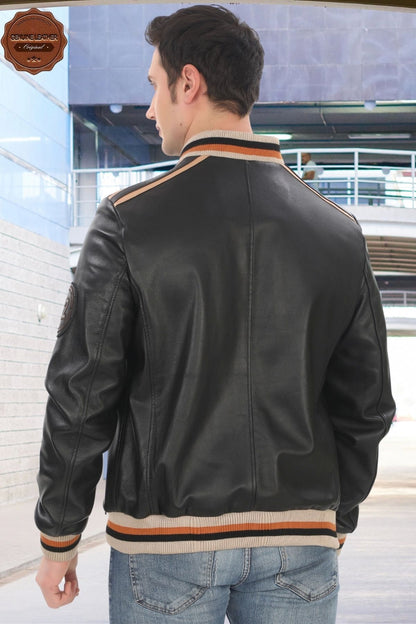 Men's Genuine Lambskin Bomber Jacket Stripe Detail Stylish Black Varsity Derimont Handmade Comfortable Jacket