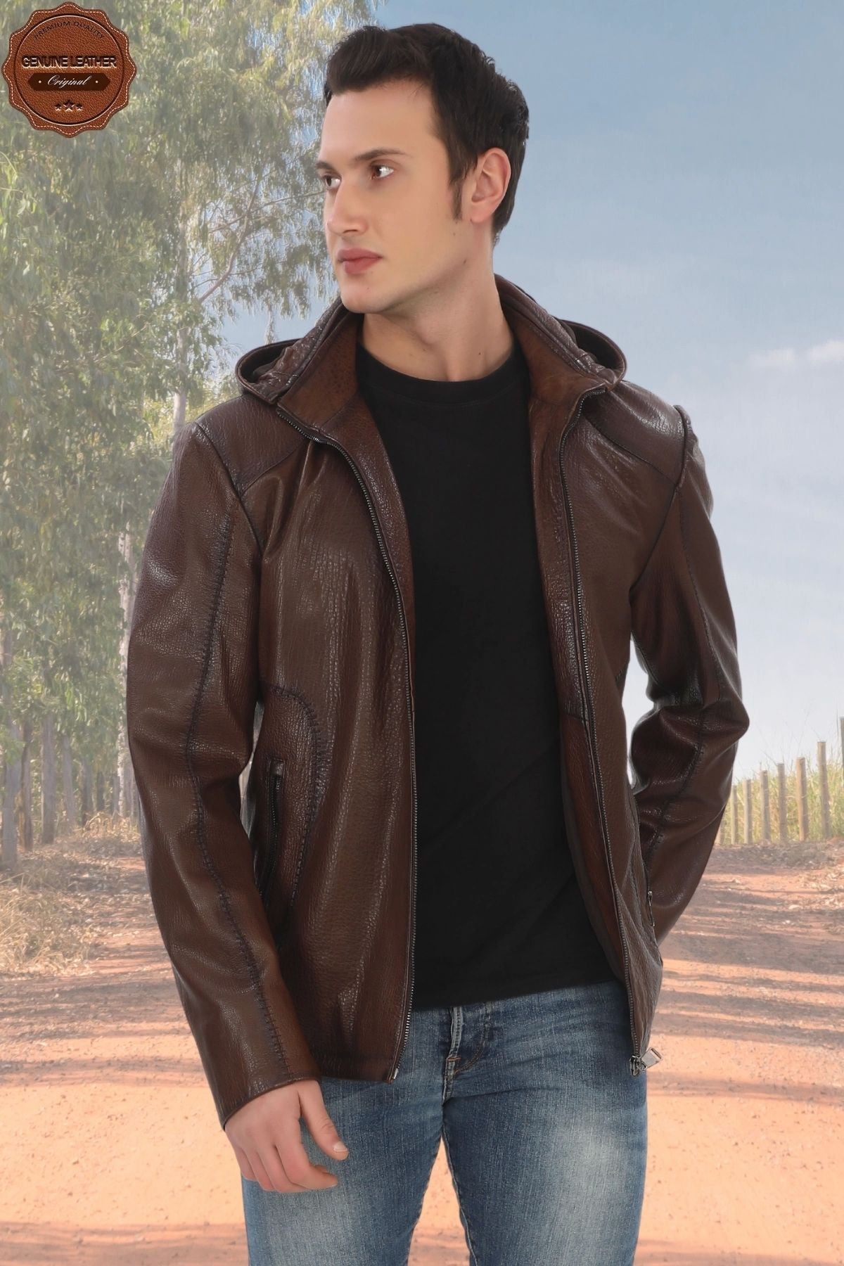 Men's Removable Hooded Genuine Lambskin Jacket Brown Zippered Casual Leather Coat