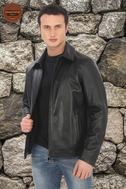 Men's Genuine Lambskin Jacket Stylish Black Zippered Leather Coat Classic Straight Collar Handmade Leather Jacket