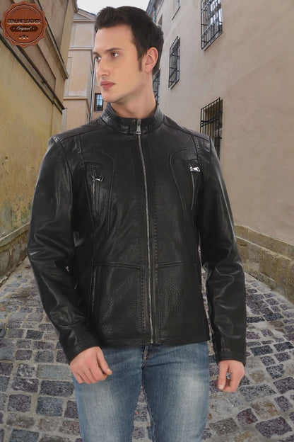 Men's Genuine Leather Jacket Black Lambskin Leather Jacket Zipper Pocket Handmade Biker Style Slim Fit