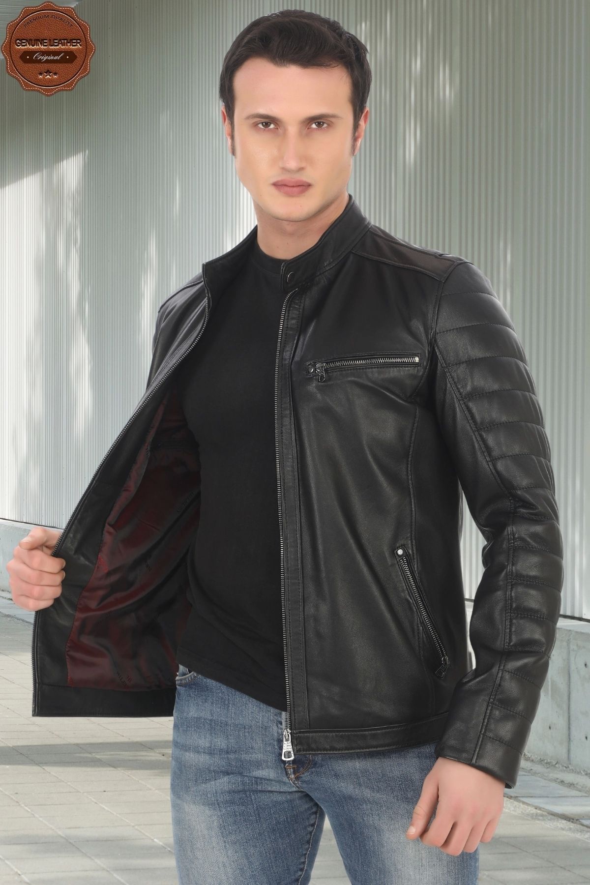 Men's Genuine Lambskin Jacket Black Biker Coat Quilted Sleeve Slim Fit Handmade Stylish Leather Jacket