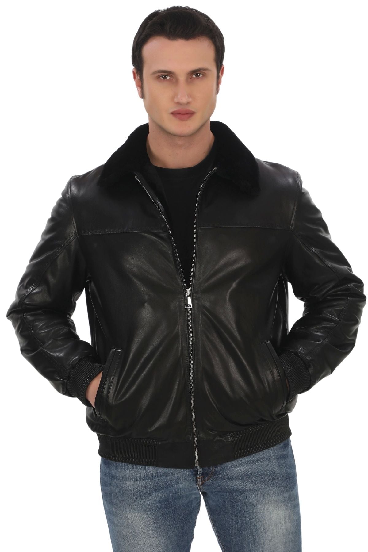 Men's Genuine Lambskin Coat Black Fur Bomber Leather Jacket Winter Warm and Stylish Outerwear