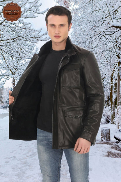 Men's Genuine Lambskin Winter Coat Furry Black Leather Jacket Stylish Design Suitable for Cold Weather