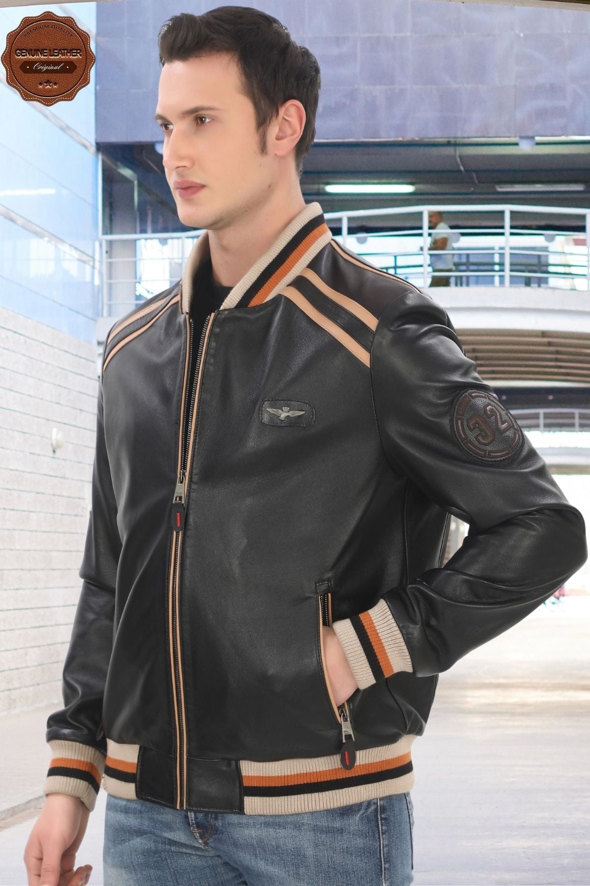 Men's Genuine Lambskin Bomber Jacket Stripe Detail Stylish Black Varsity Derimont Handmade Comfortable Jacket