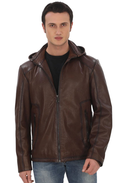 Men's Removable Hooded Genuine Lambskin Jacket Brown Zippered Casual Leather Coat