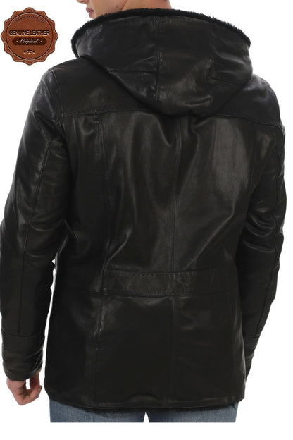 Men's Genuine Lambskin Winter Coat, Fur and Hooded Black Leather Jacket, Suitable for Cold Weather