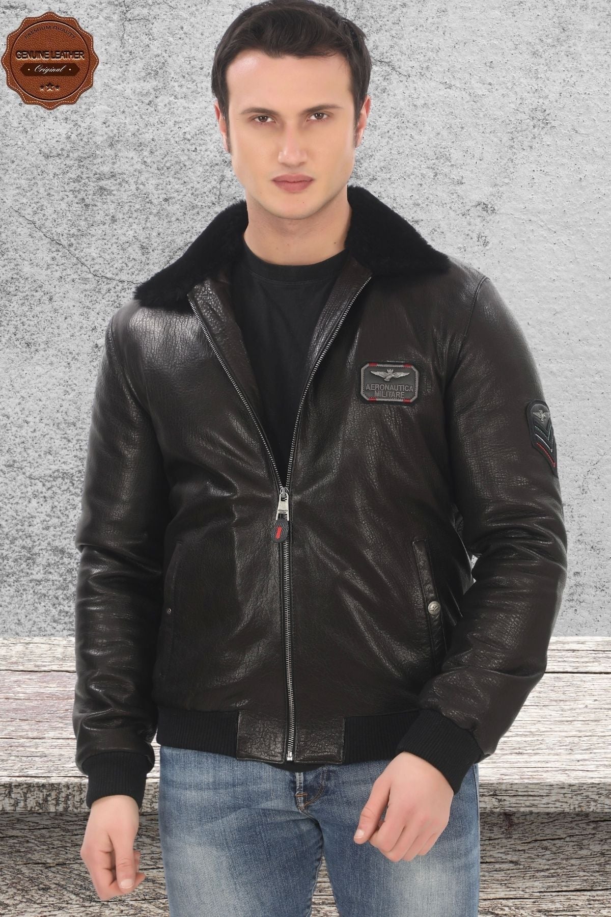 Men's Genuine Lambskin Bomber Jacket Black Zippered Fur Collar Coat Winter Leather Pilot Outerwear