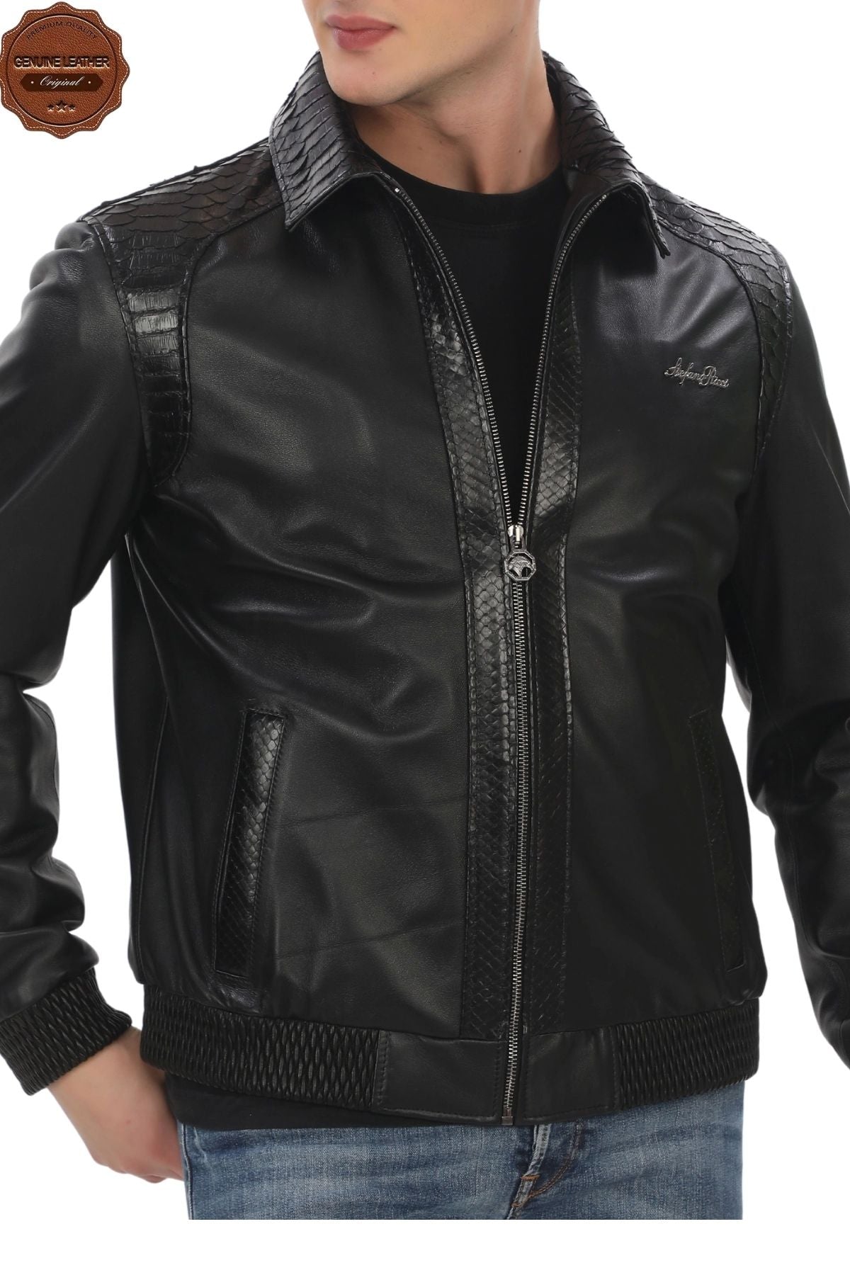 Genuine Lambskin Bomber Jacket Snakeskin Detailed Zippered Leather Jacket Stylish and Comfortable Daily Leather Jacket