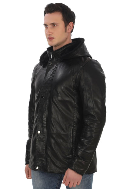 Men's Genuine Lambskin Winter Coat, Fur and Hooded Black Leather Jacket, Suitable for Cold Weather