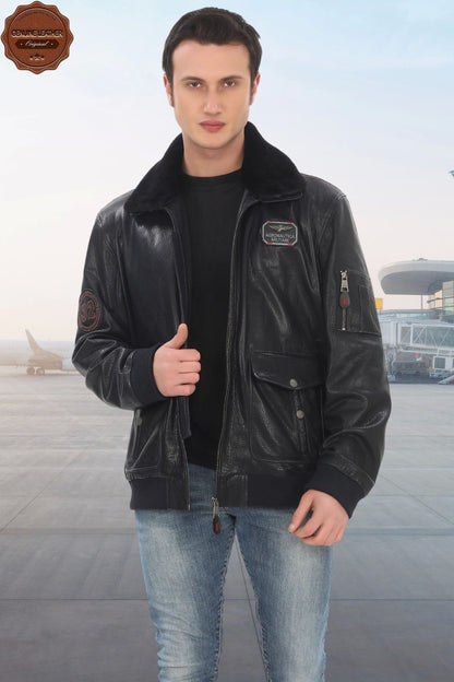 Men's Bomber Jacket Black Genuine Lambskin Aviator Pilot Coat Fur Collar Winter