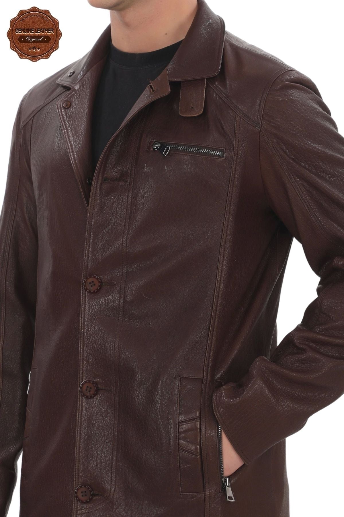 Men's Genuine Lambskin Jacket Classic Collar Brown Buttoned Leather Coat Stylish and Durable Men's Winter Jacket