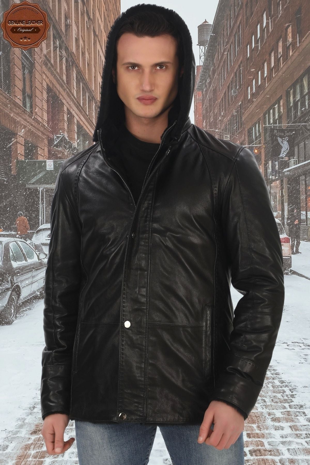 Men's Genuine Lambskin Winter Coat, Fur and Hooded Black Leather Jacket, Suitable for Cold Weather