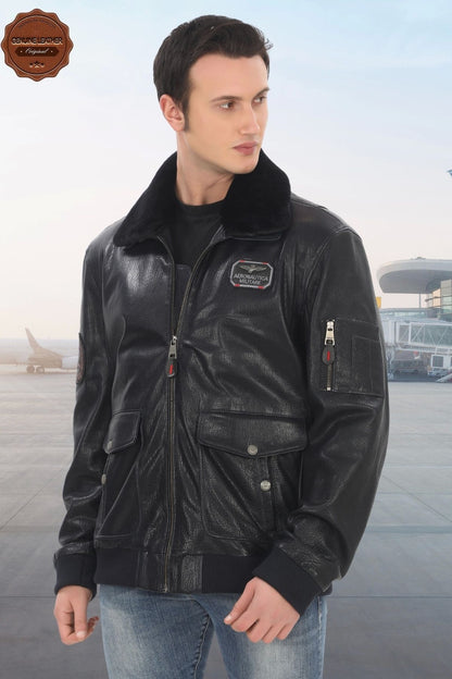 Men's Bomber Jacket Black Genuine Lambskin Aviator Pilot Coat Fur Collar Winter