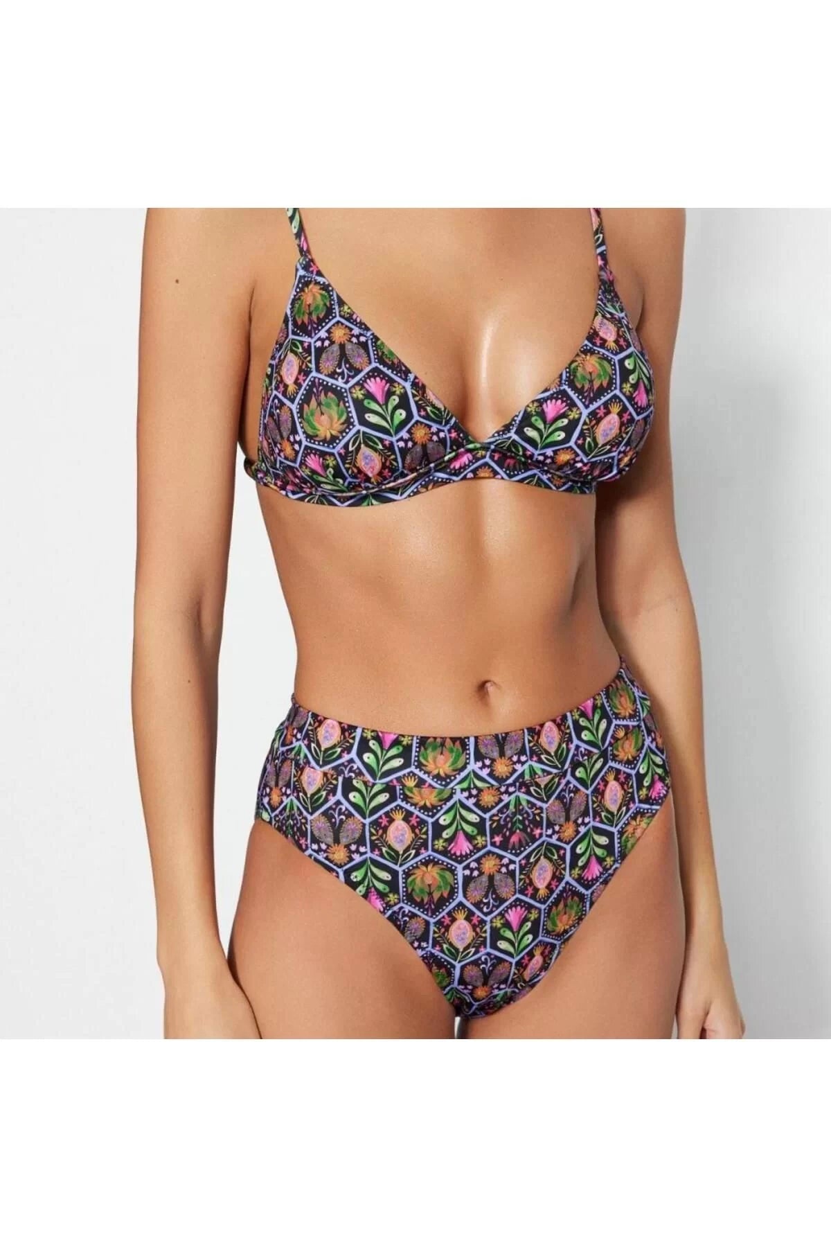 New Floral Bralette Hipster Floral Patterned Triangle High Waist High Leg Hipster Bikini Set