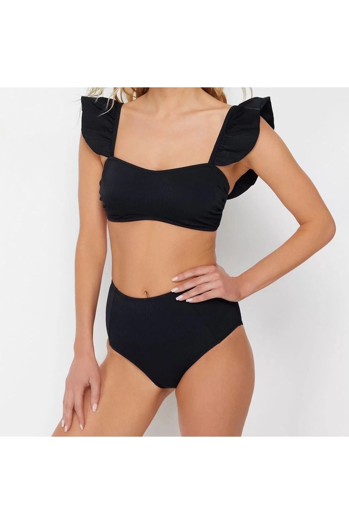 New Plain Bralette High Waist Slip Black Bralet Ruffle Textured High Waist Hipster Bikini Set