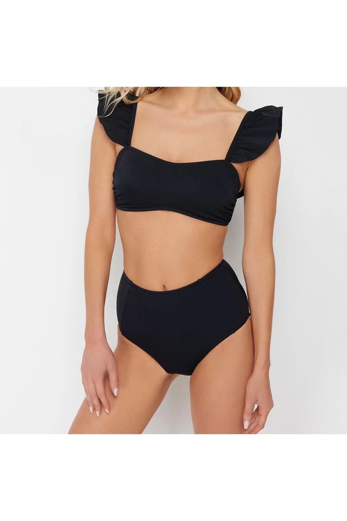 New Plain Bralette High Waist Slip Black Bralet Ruffle Textured High Waist Hipster Bikini Set