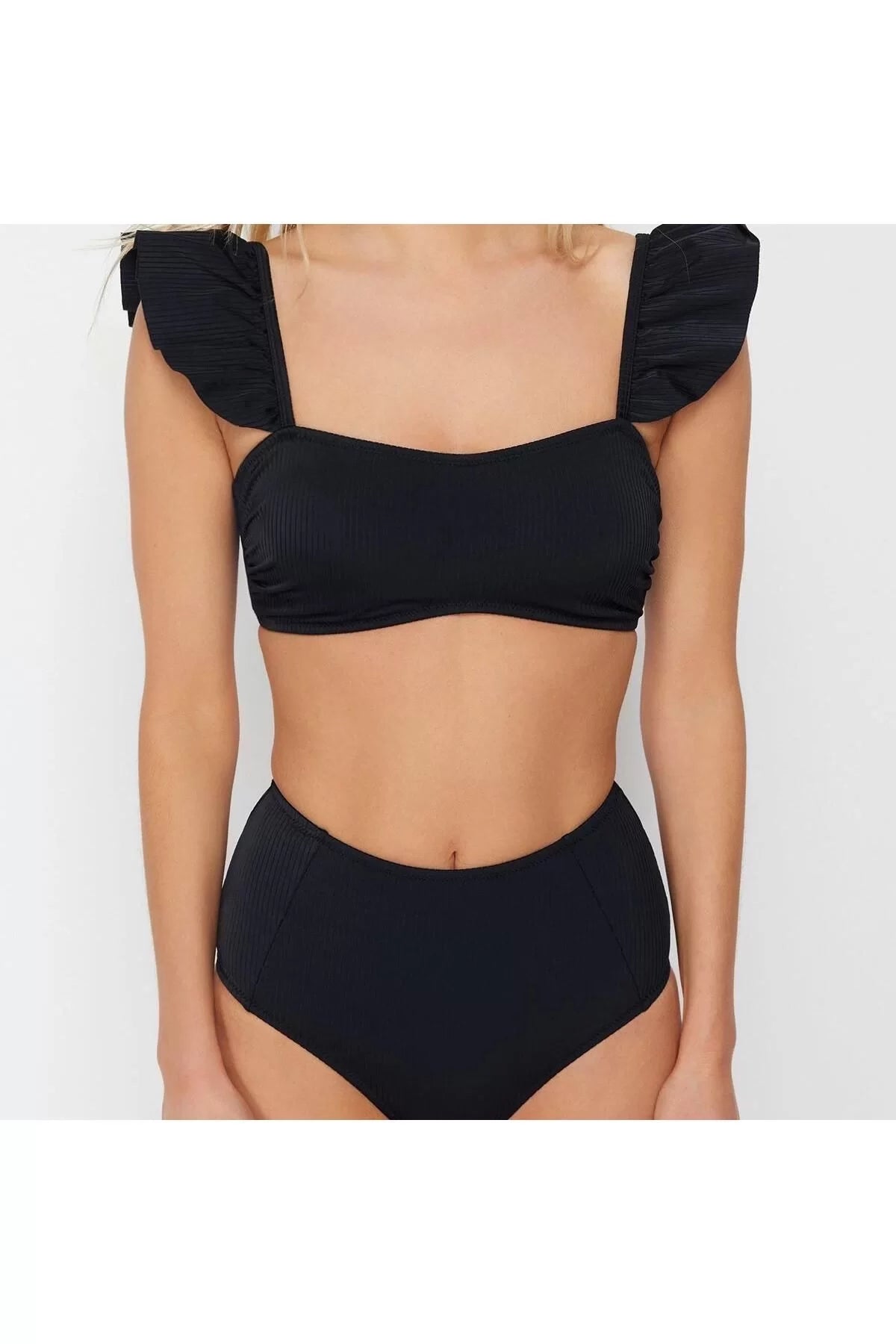 New Plain Bralette High Waist Slip Black Bralet Ruffle Textured High Waist Hipster Bikini Set