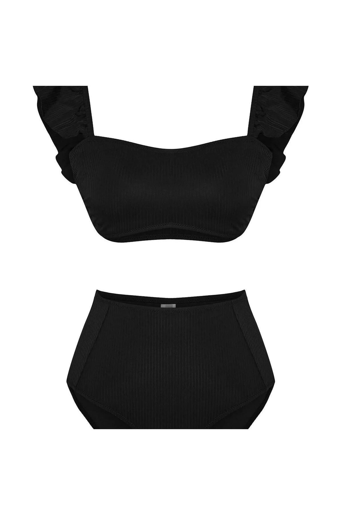 New Plain Bralette High Waist Slip Black Bralet Ruffle Textured High Waist Hipster Bikini Set