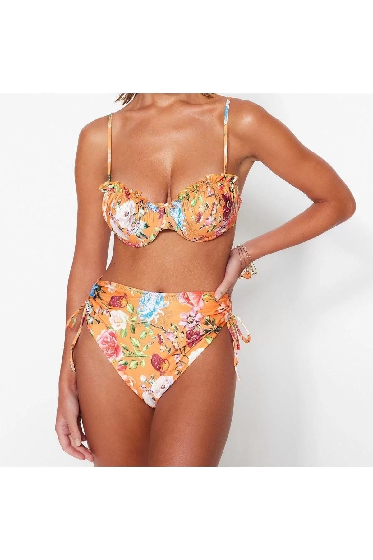 New Floral High Waist Brief Brown-multicolored Floral Balconette High Waist Bikini Set