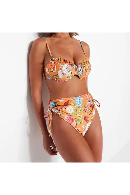 New Floral High Waist Brief Brown-multicolored Floral Balconette High Waist Bikini Set