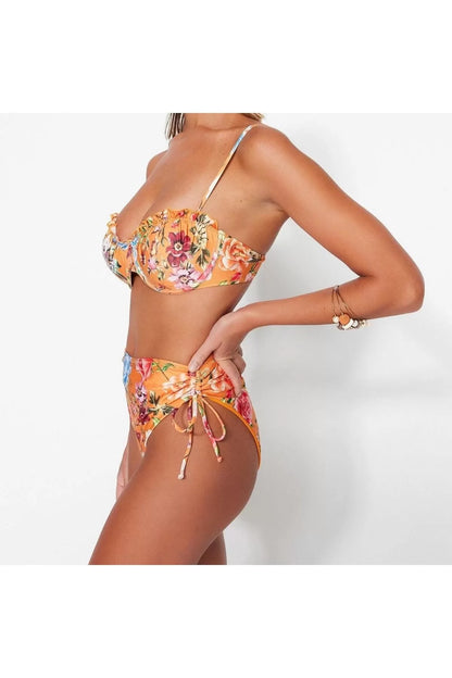 New Floral High Waist Brief Brown-multicolored Floral Balconette High Waist Bikini Set