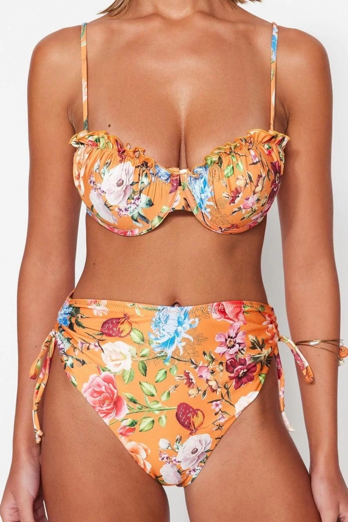 New Floral High Waist Brief Brown-multicolored Floral Balconette High Waist Bikini Set