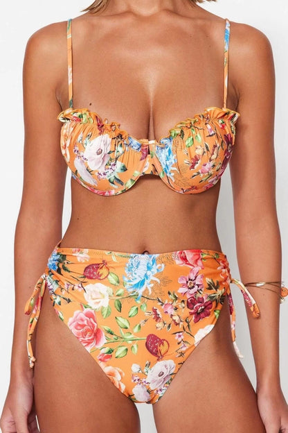 New Floral High Waist Brief Brown-multicolored Floral Balconette High Waist Bikini Set