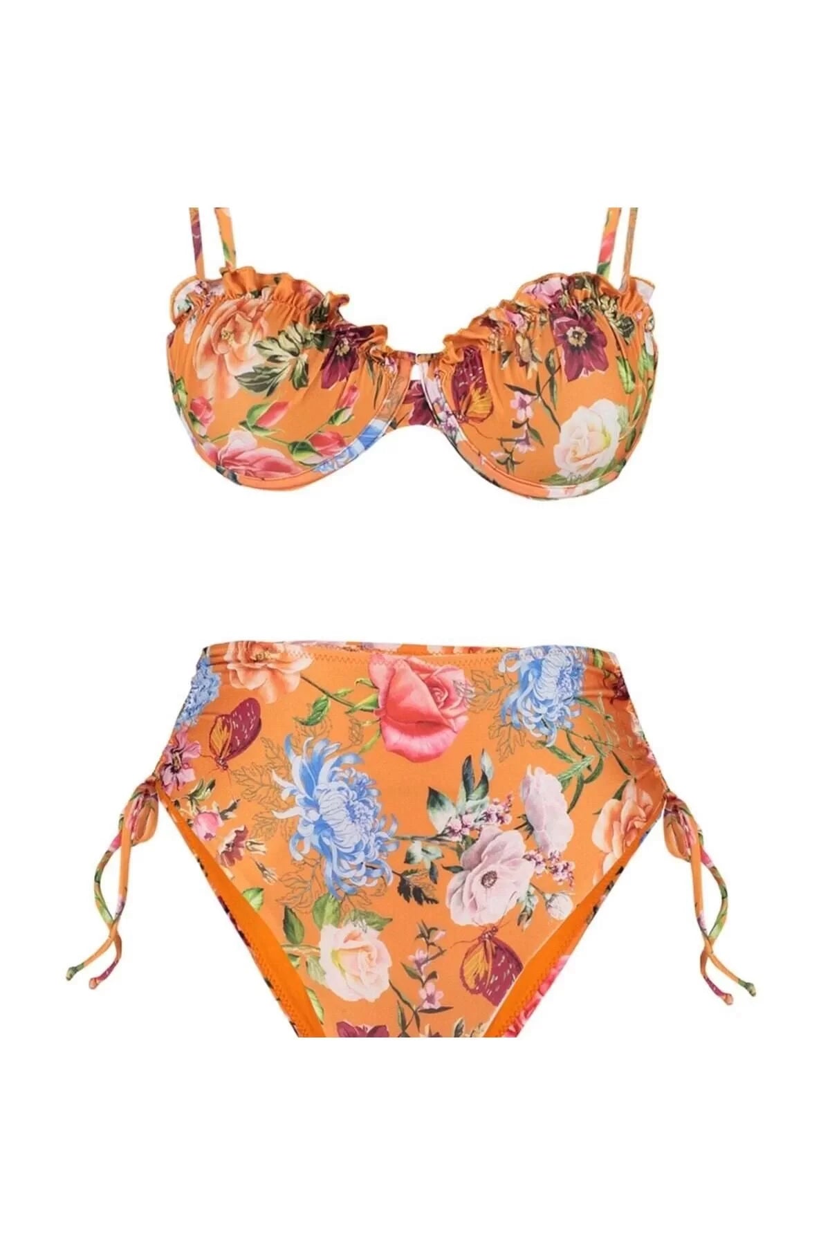 New Floral High Waist Brief Brown-multicolored Floral Balconette High Waist Bikini Set