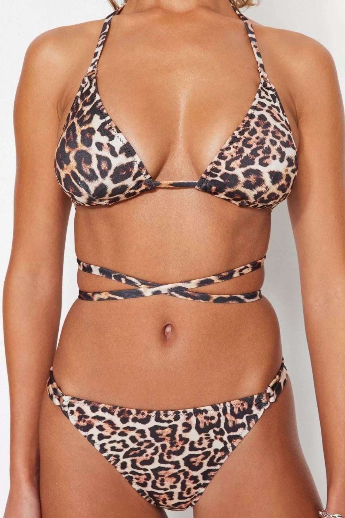 New Animal Supported Triangle Normal Waist Slip Patterned Triangle Tied Bikini Set