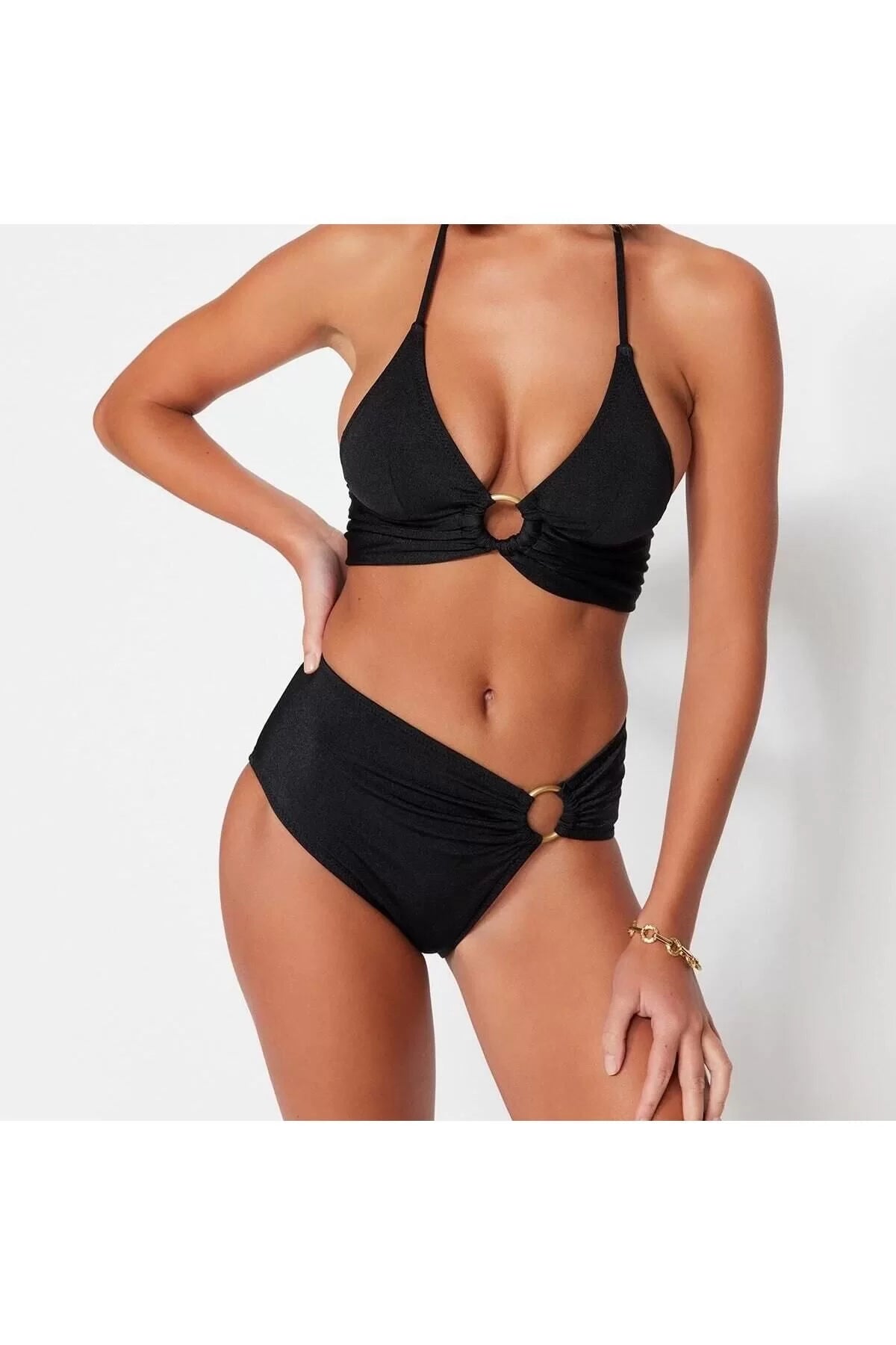 New Flat-Backed Triangle Normal Waist Brief Black Bralet Accessorized High Waist Bikini Set