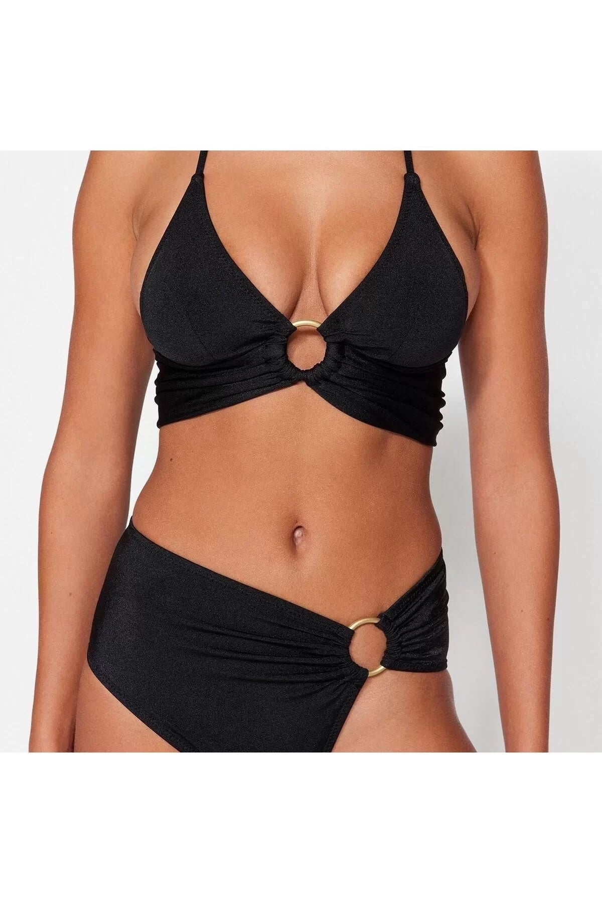 New Flat-Backed Triangle Normal Waist Brief Black Bralet Accessorized High Waist Bikini Set