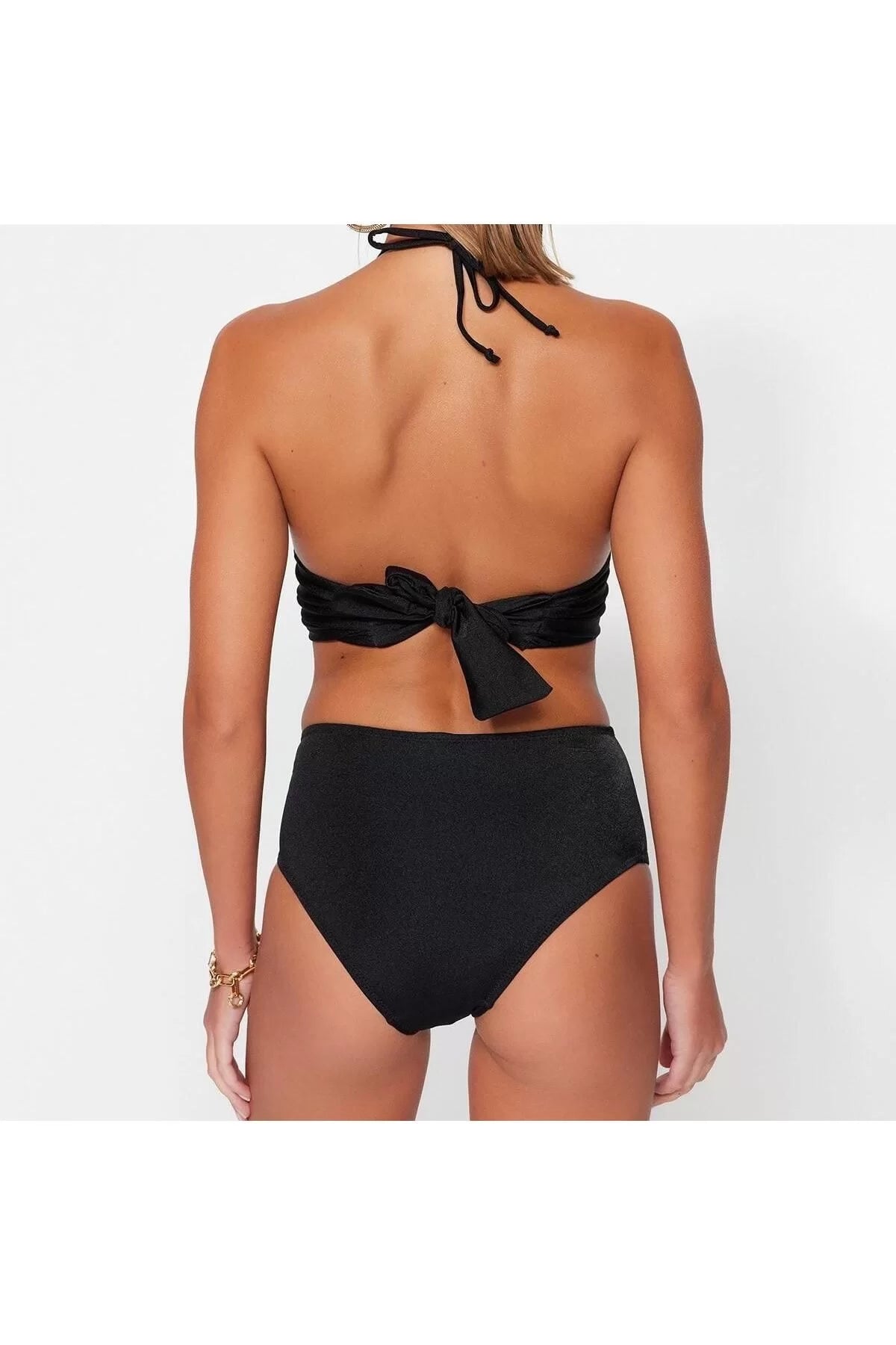 New Flat-Backed Triangle Normal Waist Brief Black Bralet Accessorized High Waist Bikini Set