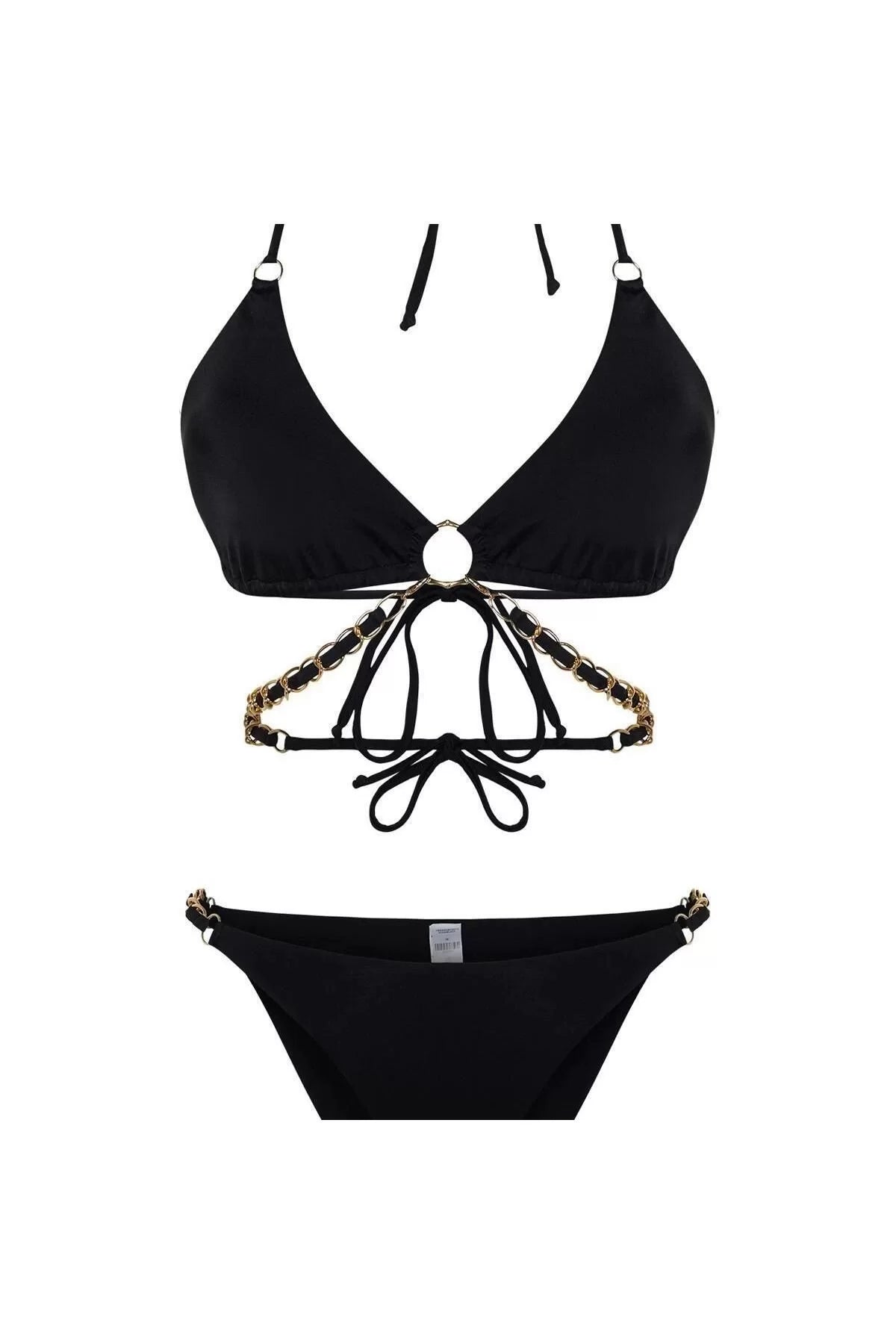 New Plain Triangle High Waist Brazilian Black Triangle Chain Accessory High Leg Regular Bikini Set