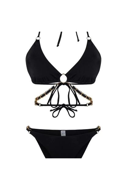 New Plain Triangle High Waist Brazilian Black Triangle Chain Accessory High Leg Regular Bikini Set