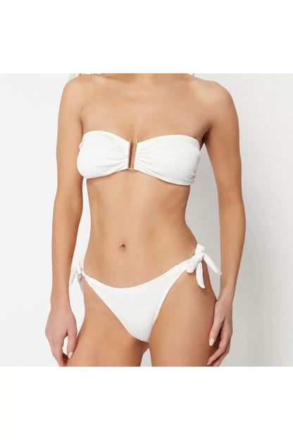 New Plain Supported Strapless Normal Waist Brief Ecru Strapless Accessory Textured Regular Bikini Set