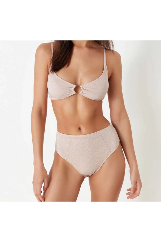 New Plain Bralette High Waist Brief Powder Bralet Accessorized Glittery High Waist Regular Bikini Set