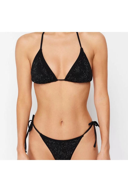 New Printed Supported Triangle Normal Waist Brief Black Triangle Stone Regular Bikini Set