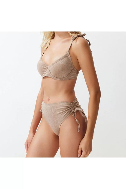 New Plain Balconette High Waist Brief Balconette Tied Glittery High Waist Hipster Bikini Set