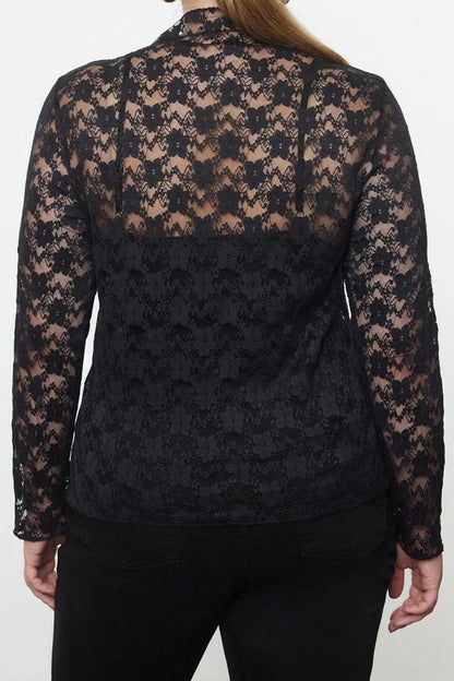 Women Fashion Stylish Plus Size Regular Stand Collar Regular Pattern Lace Knitted Blouse