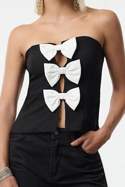 Women's Fashion Stylish Tops Regular Strapless Collar Fitted Pattern Woven Bow Detail Blouse