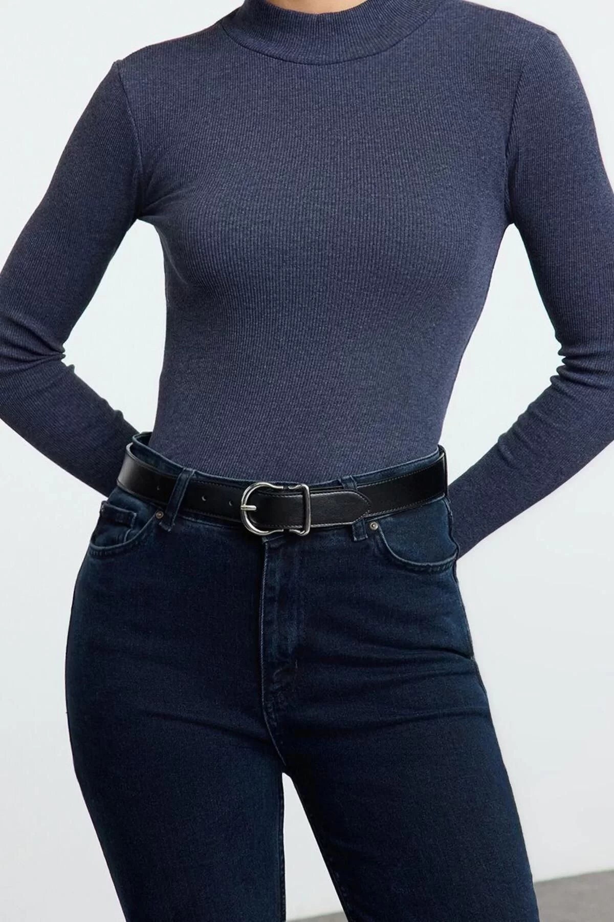 Women Fashion Stylish Regular Stand Collar Slim Pattern Knitted Fitted Body Fitting Sleeve Elastic Ribbed Blouse