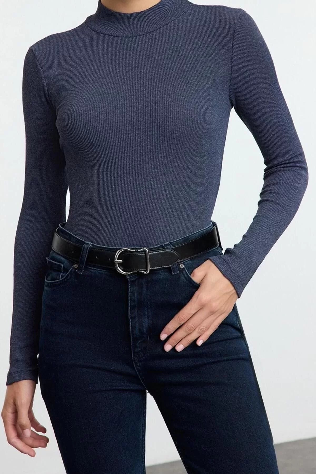 Women Fashion Stylish Regular Stand Collar Slim Pattern Knitted Fitted Body Fitting Sleeve Elastic Ribbed Blouse