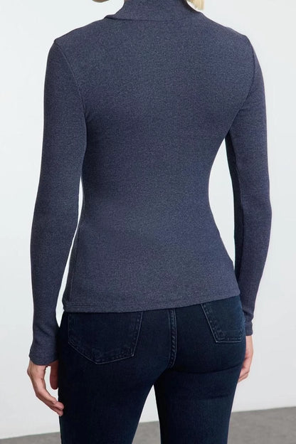 Women Fashion Stylish Regular Stand Collar Slim Pattern Knitted Fitted Body Fitting Sleeve Elastic Ribbed Blouse