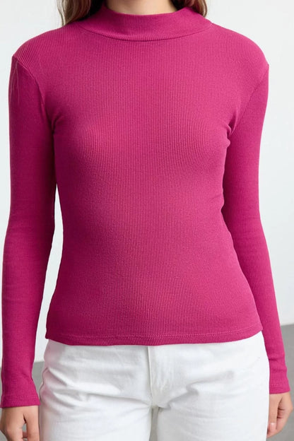 Women Fashion Stylish Regular Stand Collar Slim Pattern Knitted Fitted Body Fitting Sleeve Elastic Ribbed Blouse