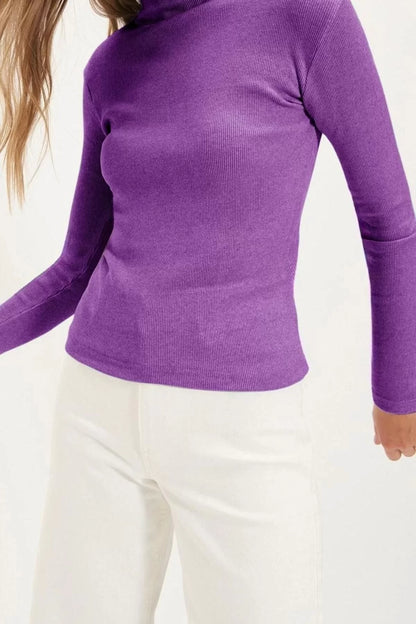 Women Fashion Stylish Regular Stand Collar Slim Pattern Knitted Fitted Body Fitting Sleeve Elastic Ribbed Blouse